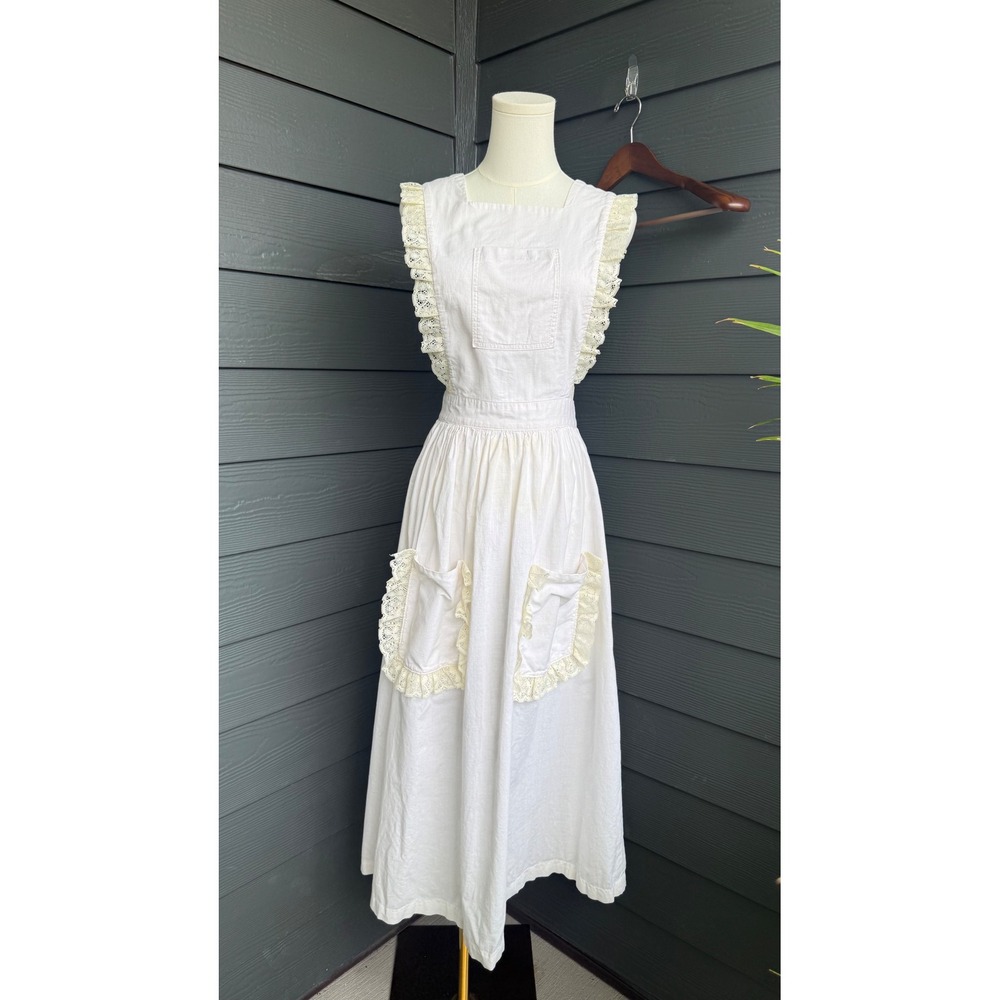 Handmade White Linen Cottagecore Prairie Apron Dress Lace Open Back One Size - Picture 2 of 10